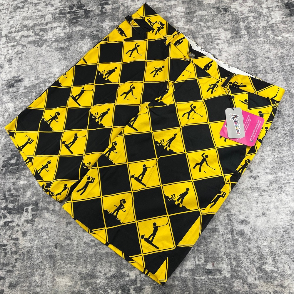 Royal & Awesome Men 40 Golf Shorts Yellow Black Yield Sign Funny Novelty NWT